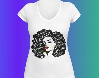 T-shirt Afro "Blessed Queen", maglietta con messaggio di affermazione per donne nere forti.