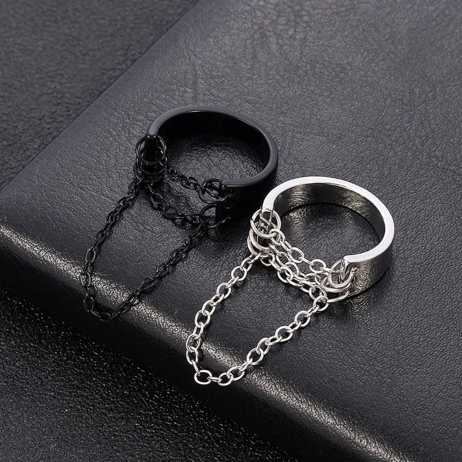 Punk Fashion Black Silver Color Chain Rings Open Adjustable Etsy
