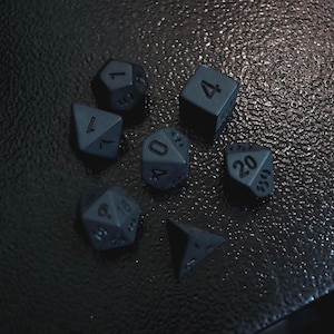 May include: A selection of dark grey polyhedral dice, including D4, D6, D8, D10, D12, and D20, are scattered on a textured black surface. The dice are numbered with white numerals, and the image is well-lit, highlighting the details of each die.