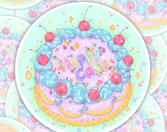 Peut inclure: Un autocollant représentant une illustration de gâteau violet et bleu avec un glaçage blanc, des cerises et des pépites. Le gâteau est décoré des mots "Happy Cake" en lettres arc-en-ciel.