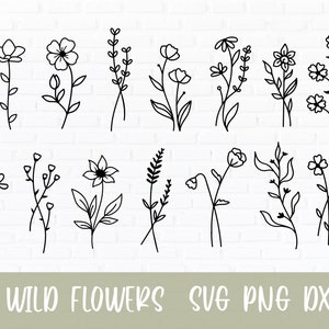 May include: A set of 14 black and white line drawings of wild flowers. The flowers are simple and stylized, with a minimalist aesthetic. They would be perfect for use in digital scrapbooking, card making, or other crafting projects.