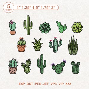 Puede incluir: Una colección de catorce diseños bordados de cactus y suculentas en varios tonos de verde con detalles de flores rosas y moradas. La imagen muestra 5 tamaños: 2,54 cm, 3,18 cm, 3,81 cm, 4,45 cm y 5,08 cm, con formatos .EXP, .DST, .PES, .JEF, .VP3, .VIP, .XXX.