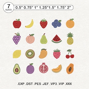 Puede incluir: Un conjunto de diseños de bordado digital con veinte iconos de frutas coloridas, incluyendo manzana, plátano, fresa, arándano, naranja, uvas, melocotón, pera, sandía, piña, limón, kiwi, mango, frambuesa, cerezas, aguacate, ciruela, granada, melón y papaya. El texto 7 SIZES 0.5" 0.75" 1" 1.25" 1.5" 1.75" 2" y los formatos .EXP .DST .PES .JEF .VP3 .VIP .XXX son visibles.