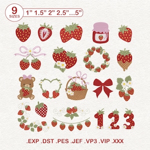 Puede incluir: Una colección de diseños de bordado con temática de fresas que incluye bayas, un tarro de mermelada, un osito de peluche, una cesta, lazos, una corona y los números 1, 2 y 3. El texto 9 SIZES 1" 1.5" 2" 2.5"...5" y los formatos .EXP .DST .PES .JEF .VP3 .VIP .XXX son visibles.