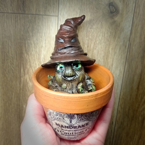 Sculpture mignonne petite Mandragore dans son pot en terre cuite inspiration Harry Potter Handmade