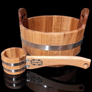 Saunazubehör, Saunakübel, Aufgußeimer, Banya Schöpfkelle Eimer 10L, Saunakelle Holz, Holzbadeeimer, Eicheneimer, Holzeimer