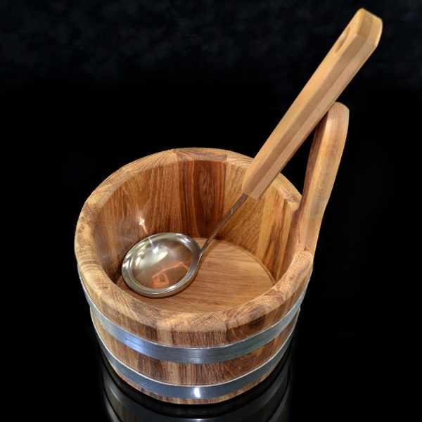 Cubo y cucharón de roble, Cubo de baño de madera, Cubo de vapor de madera de sauna 3l, Accesorios de sauna, Vaporizador de sauna de madera 3L, Cucharón de madera