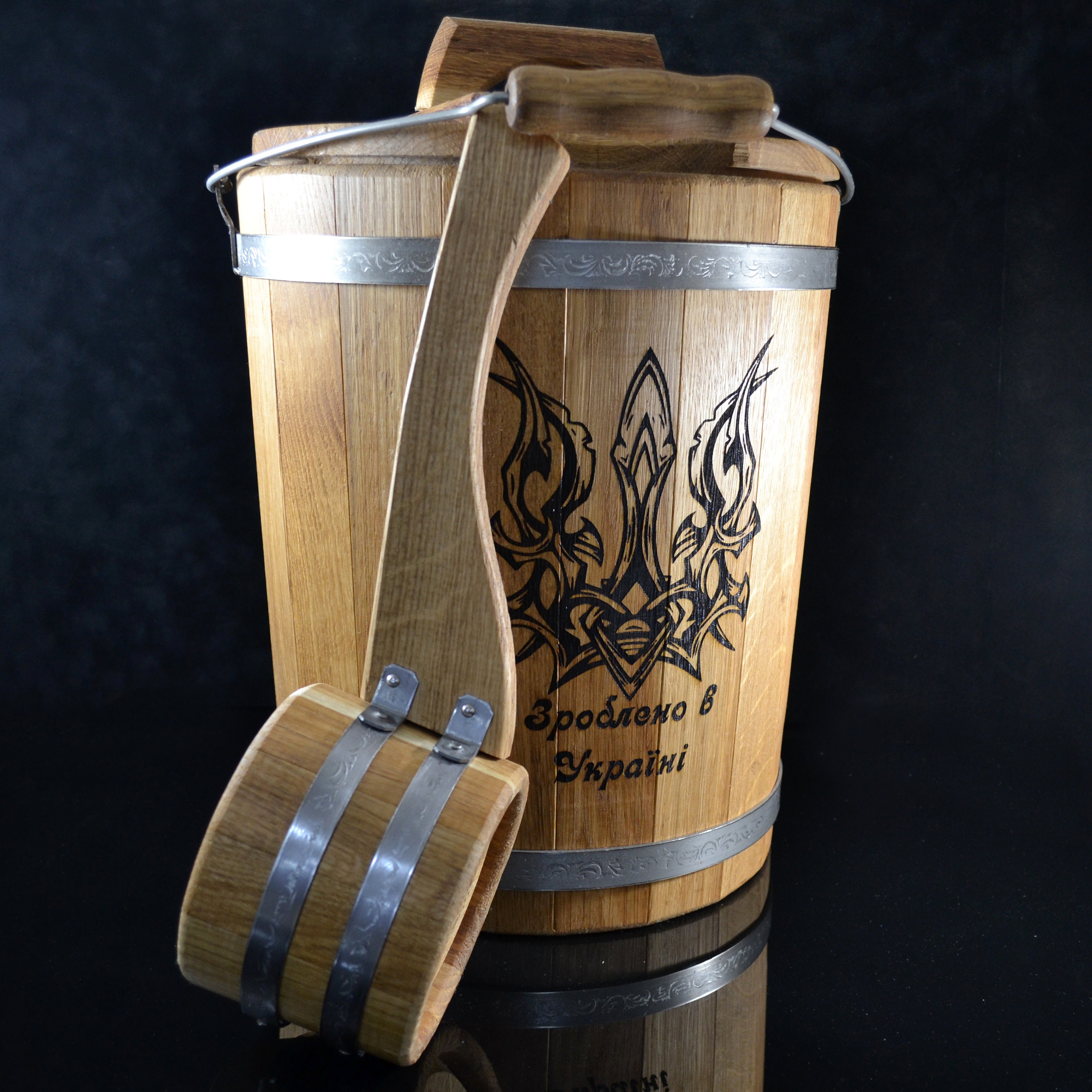 Personalized 15L Oak Wood Water Bucket and Ladle - The Ultimate Sauna Accessory and Gift Wooden Steamer bucket Sauna Broom, With Lid Steamer