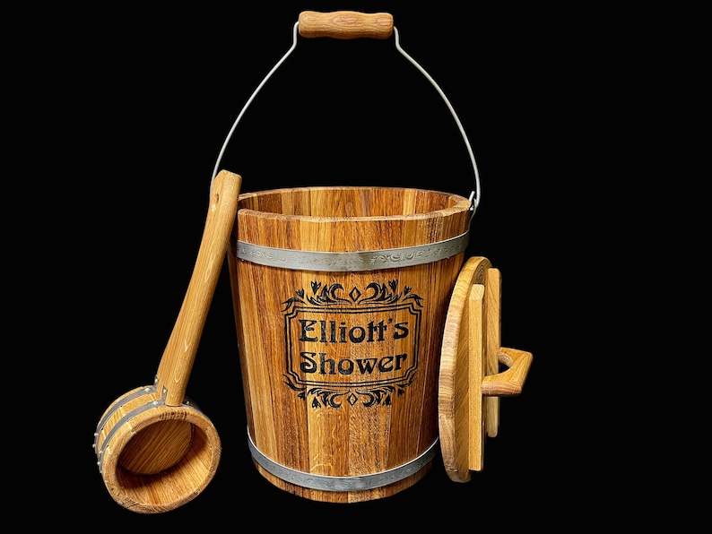 Sauna Wooden Bucket With Lid Oak Steamer Bucket Broom Etsy