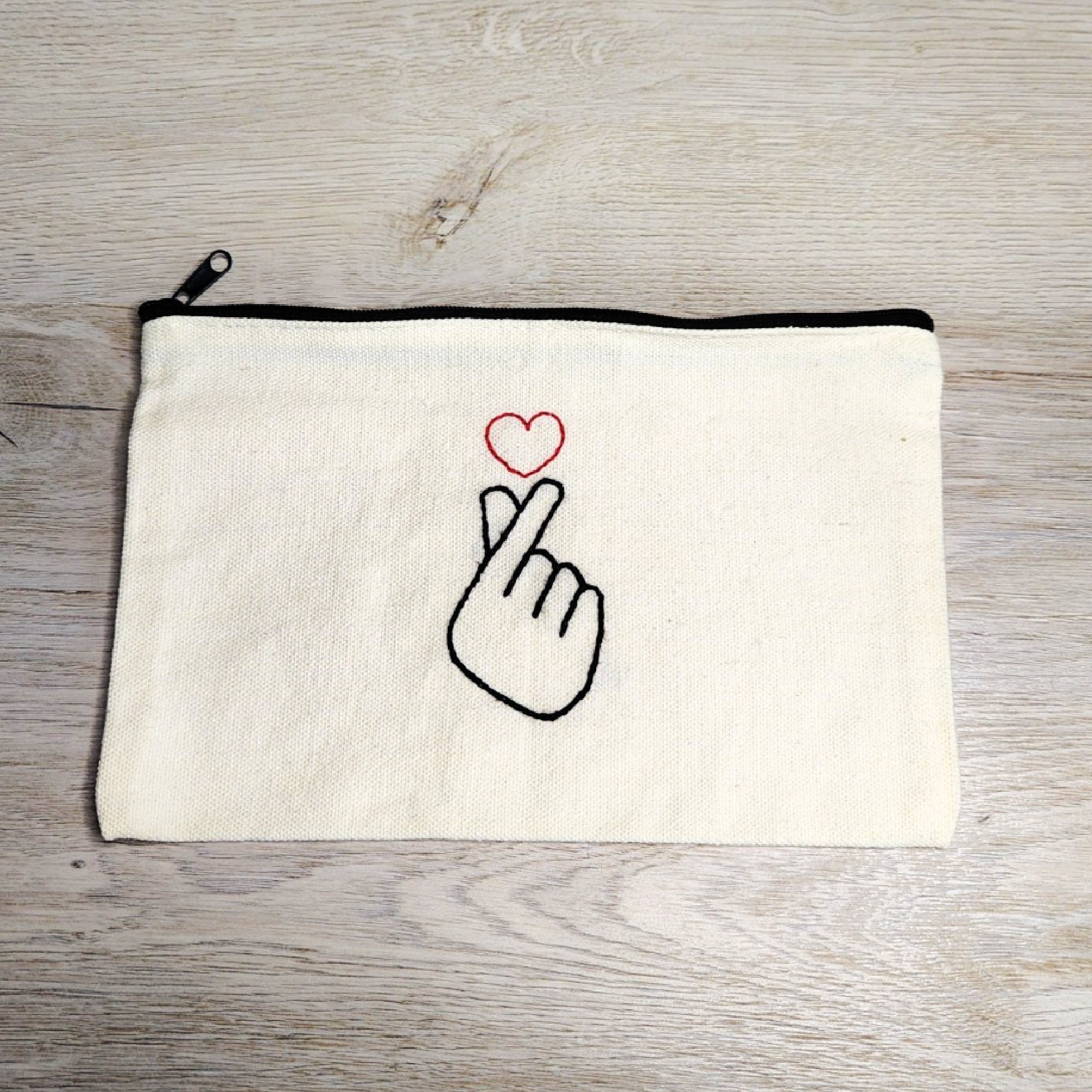 Hand Heart Canvas Zipper Pouch Hand Embroidered Makeup Bag 