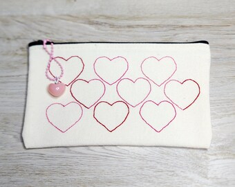 Tri Color Hearts Canvas Pouch | Hand Embroidered Details | Hearts Makeup Pouch | Pencil Pouch