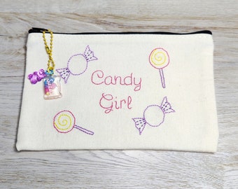 Candy Girl Canvas Pouch | Hand Embroidered Details | Makeup Pouch | Pencil Pouch