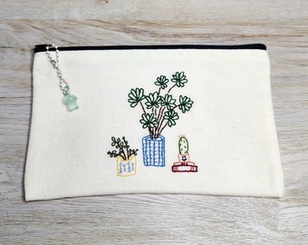 Potted Plants Canvas Pouch | Hand Embroidered Details | Cosmetics Pouch | Pencil Pouch | Teacher Appreciation Gift