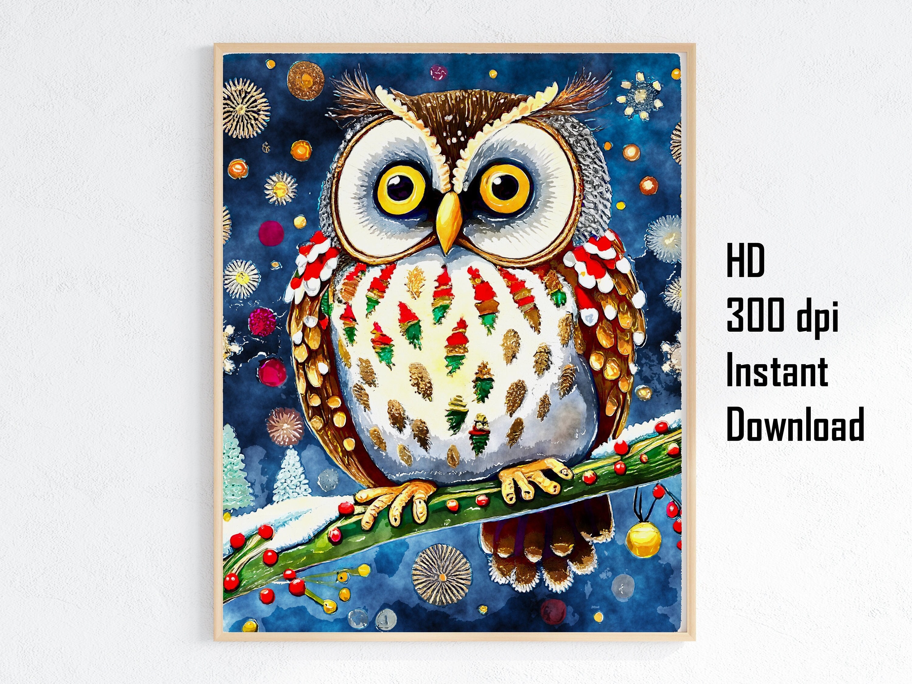 Christmas Owl Art Print, Christmas Owl Digital Art Print, Christmas Owl Wall Art, Owl Lover Print, O