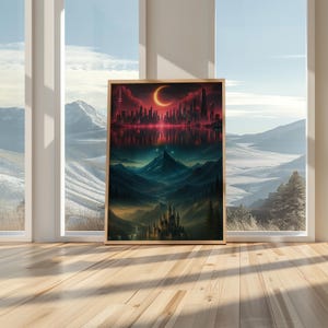 Puede incluir: Una impresión artística enmarcada que representa un paisaje de fantasía. La parte superior muestra un horizonte urbano bajo una luna creciente reflejada en el agua. La obra de arte pasa a una cordillera y un castillo, con tonos rojos, azules y verdes.