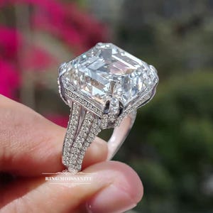 Asscher cut moissanite engagement ring 14k white gold split band hidden halo luxury wedding ringdiamond cocktail 9 CT party ring