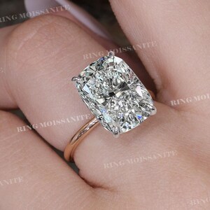 8.5 CT Moissanite cushion cut engagement ring,hidden halo,18k/14k white gold,unique,big elongated cushion,moissanite ring