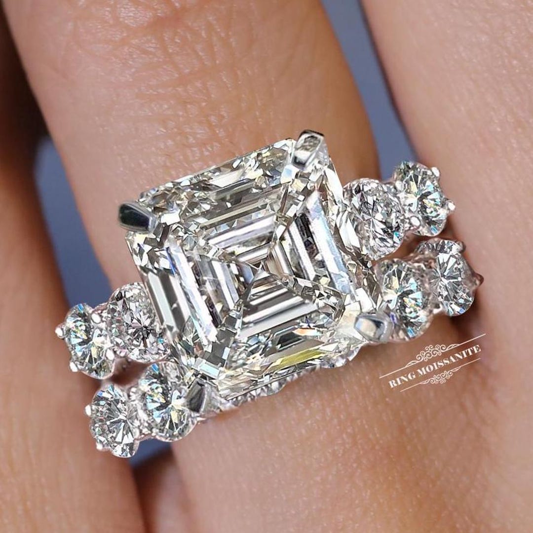 6 CT Asscher Cut Engagement Ring Set Wide Band Asscher Cut Moissanite ...