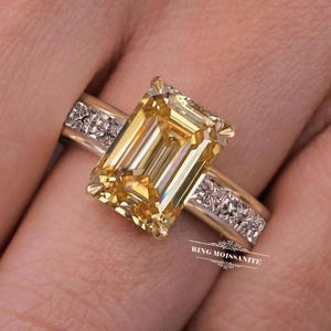 Emerald Cut Yellow Lab Grown Diamond Engagement Ring: 14k Yellow Gold Bezel Setting