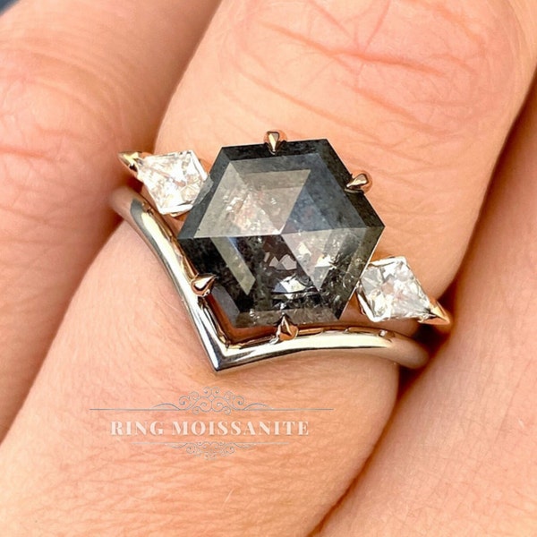 2.9 CT salt and pepper engagement ring,hexagon,black grey diamond ring,unique,three stone engagement ring,14k rose gold,wedding ring,women