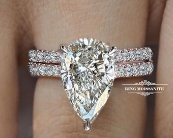 3 CT pear engagement ring set lab diamond ring wedding ring set hidden halo Teardrop ring pear cut lab diamond band anniversary gift