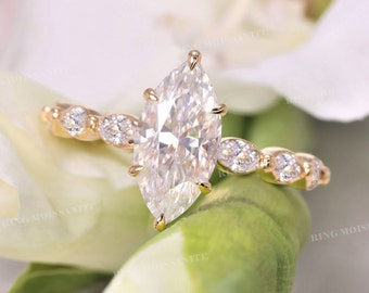 3.5TCW marquise engagement ring•moissanite solitaire engagement ring•unique marquise hidden halo diamond ring•yellow gold wedding ring•women