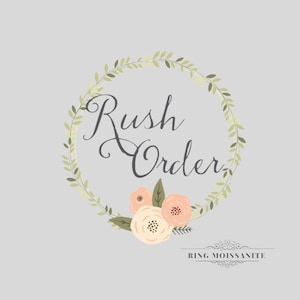 Op de afbeelding: Een grijze achtergrond met een bloemenkrans rond de woorden "Rush Order" in sierlijk schrift. Onder de tekst staan drie perzikroze bloemen met groene bladeren. De woorden "RING MOISSANITE" staan onderaan.