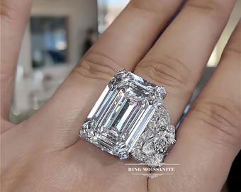 14.5 CT Emerald Cut Moissanite Diamond Engagement Ring 14k White Gold Solitaire Wedding Cocktail Statement Ring
