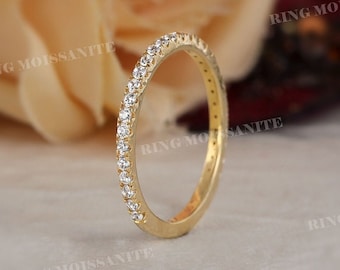 micro pave wedding band•solid 14k Gold•diamond ring•3/4 Eternity Ring•1.6 mm Thin•moissanite wedding band•dainty•simple•stacking ring•women