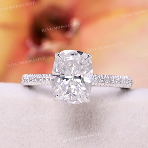 2.5CT Cushion Cut Moissanite Engagement Ring: 14k White Gold Hidden Halo
