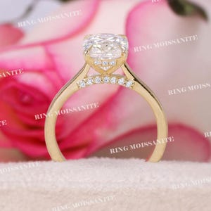2.5CT Cushion Cut Moissanite Engagement Ring: 14K Gold Hidden Halo Cathedral Ring
