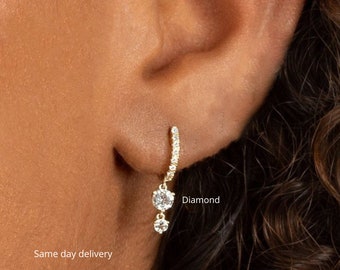 Charm hoop earrings•Diamond huggie hoop earrings with charm•diamond huggies•10k/14k gold hoops•small dangle•Natural diamond hoop earrings
