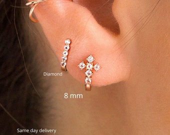Diamond huggie earrings•solid gold huggie hoop earrings•diamond huggies•cross hoop earrings•small•mini hoop earrings•Real diamond earrings