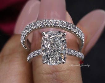 Lab Grown 3CT Cushion Cut Diamond Engagement Ring Set: 14k White Gold Bridal Jewelry