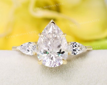 2 CT Pear Three Stone Moissanite ring,pear shaped engagement ring,unique moissanite cluster,past present future,bridal anniversary ring