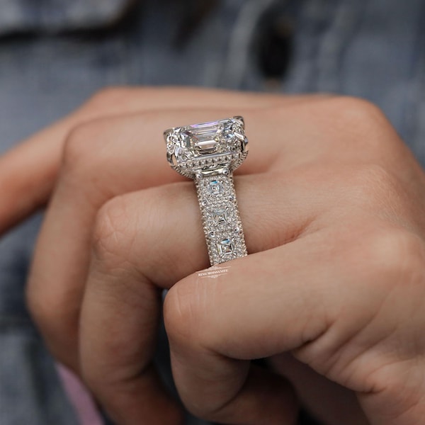 8 CT Big Moissanite Emerald Cut Engagement Ring Solitaire Eternity Large Wedding statement Ring