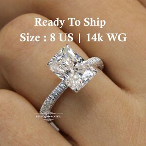 14k White Gold Radiant Cut 3 CT Moissanite Hidden Halo Engagement Ring