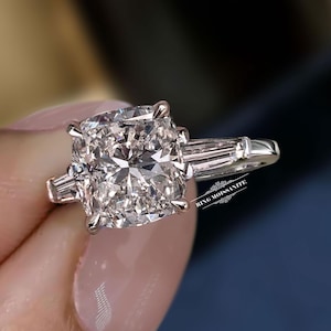 Lab Grown Diamond Engagement Ring 2.6CT Cushion Cut, 14k Gold Three Stone