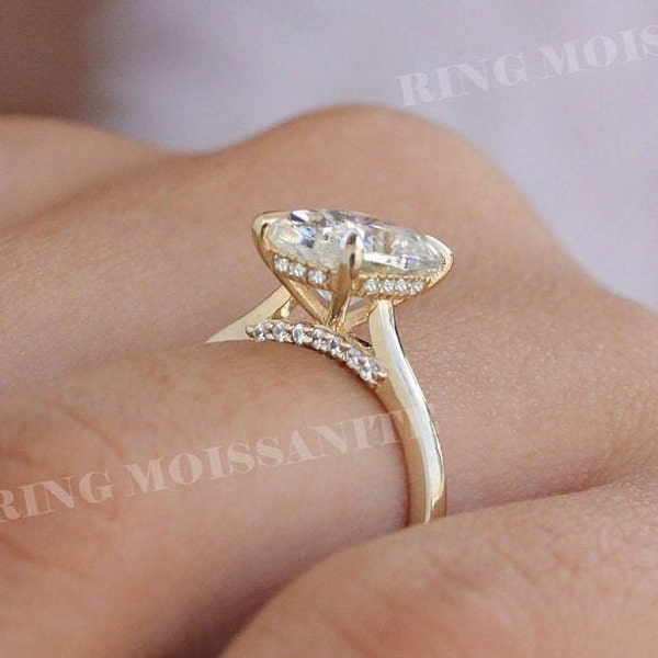 2.5CT cushion cut moissanite engagement ring,hidden halo elongated cushion,unique solitaire Cathedral ring,14K gold,pave bridge,wedding ring