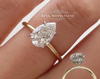 3.15 CT pear moissanite engagement ring•unique pave bridge hidden halo solitaire ring•crushed ice pear shaped engagement ring•wedding ring