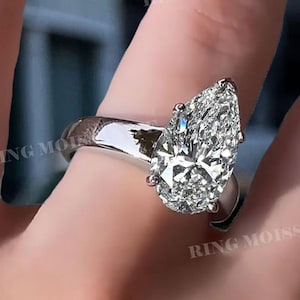4 CT pear moissanite engagement ring,hidden halo,modern unique pear shaped ring,solitaire 14k white gold bridal wedding anniversary ring