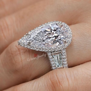 7 CT big pear moissanite engagement ring,unique pear halo ring,pear shaped engagement ring,Teardrop wide band,cocktail luxury wedding ring