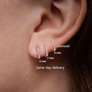 14k Diamond Huggie Hoop Earrings Solid Gold diamond huggie earrings,cartilage hoop helix hoop small diamond hoops,Mini Tiny hoop earrings