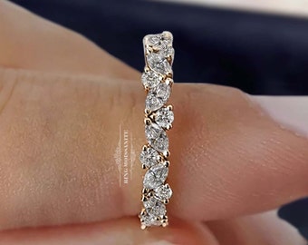 Marquise moissanite wedding band•unique vintage wedding band•half eternity ring•dainty cluster ring•stacking diamond wedding ring set•women