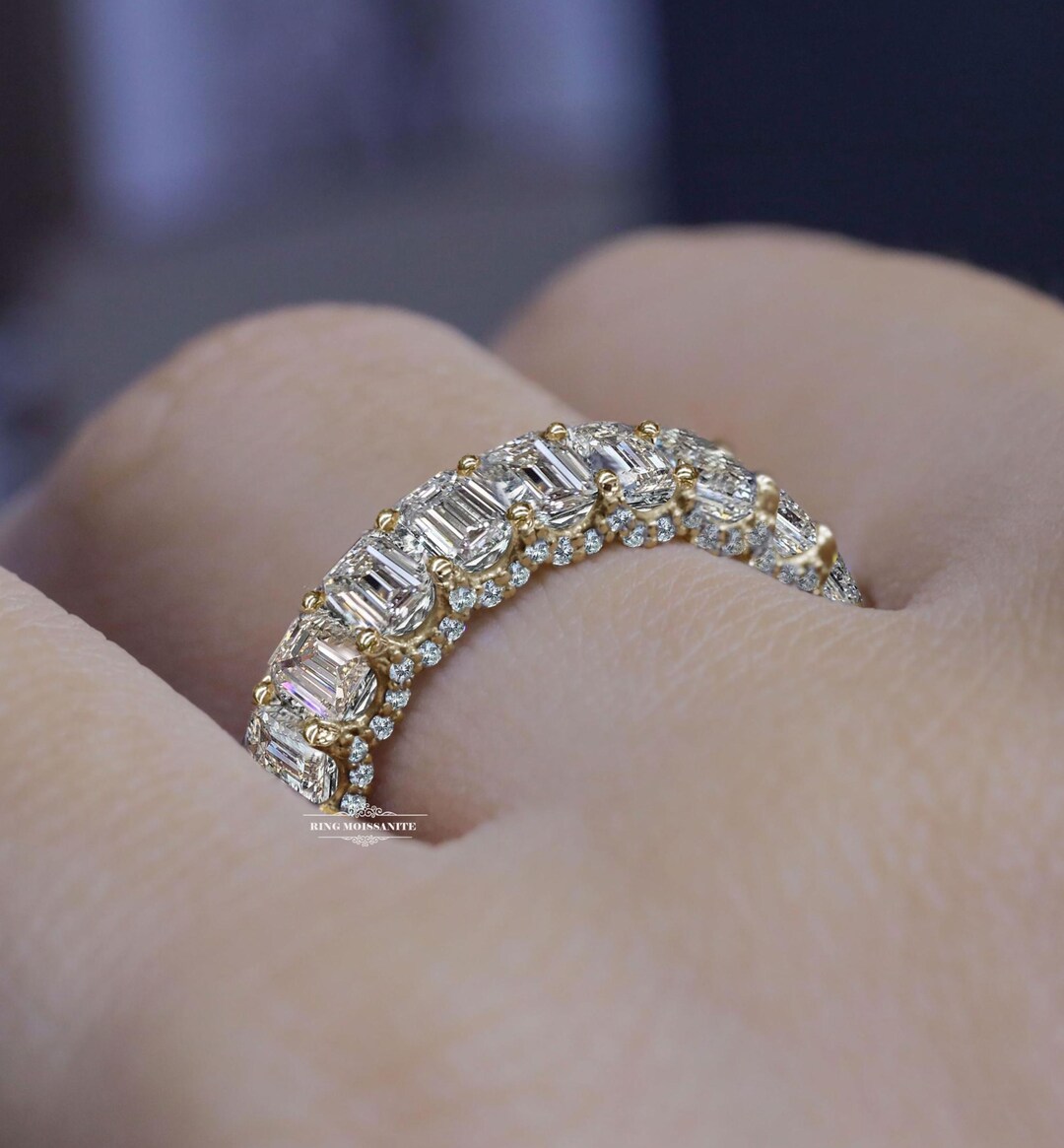 Emerald Cut Moissanite Full Eternity Wedding Band 14k Yellow Gold ...