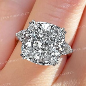 12 CT Cushion Cut Moissanite Engagement Ring: Three Stone Pear Accent, Celebrity Style 14k White Gold Wedding Ring