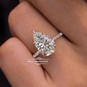 3CT Pear Lab Grown Diamond Engagement Ring Rose Gold Solitaire Hidden Halo Wedding Ring