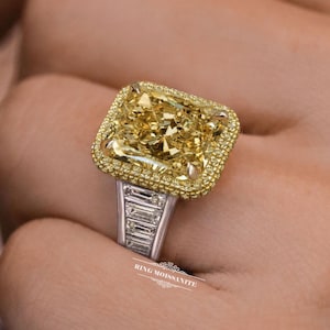 Fancy Yellow Radiant cut moissanite engagement ring 8 CT large Canary Yellow moissanite ring,wide band halo ring,big diamond cocktail ring