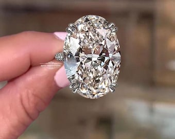 20 CT Oval Moissanite Diamond Engagement Ring, Celebrity Style, Pave Band Solitaire 14k White Gold