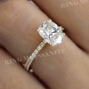 2.5 CT Cushion Cut Moissanite Engagement Ring: 14k White Gold Hidden Halo